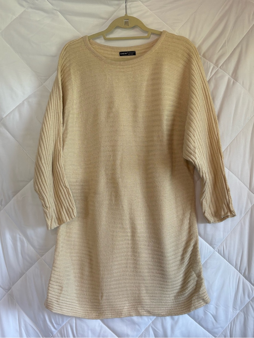 SHEIN Cream Ribbed Knit Sweater Dress